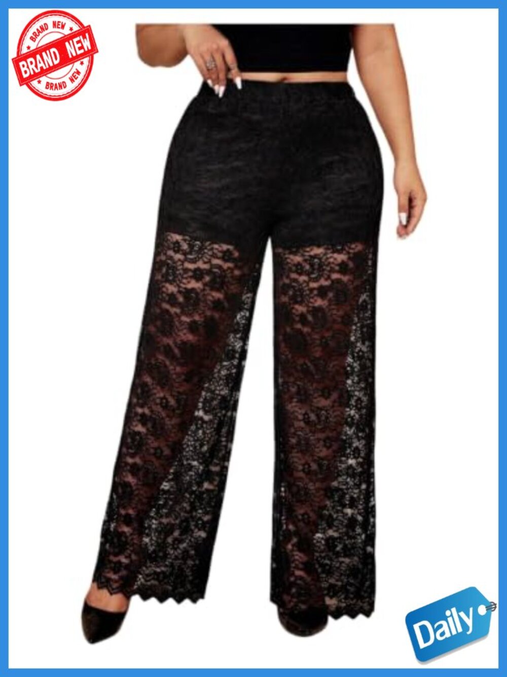 Plus Size Sheer Lace Wide Leg Pants Y2K High Waist Elastic Waist Trousers Party